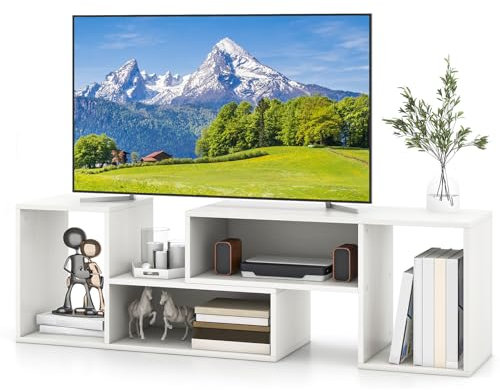 GYMAX Mobile TV Console da 32-60 Pollici Convertibile, 135 x 30 x 40 cm, Estensione e Rotazione Libera, Mobile Multimediale Porta TV, Cubi Aperti, Carico 50 kg, Soggiorno, Camera da Letto (Bianco)