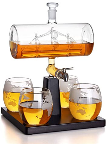 Decanter, Crystal Glass Liquor Dispenser, Ship & 320ml/10.8oz Whiskey Glasses for Bourbon Wine Rum Carafe