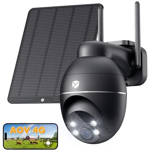 YESKANO 24/7 Grabación AOV 4G LTE Camara Vigilancia Exterior Solar Sin WiFi Alimentado por Batería, 2K Visión Nocturna, PTZ 355°&100°,Detección de Ersonas y Vehículos, Doble SIM(eSIM Incluida)
