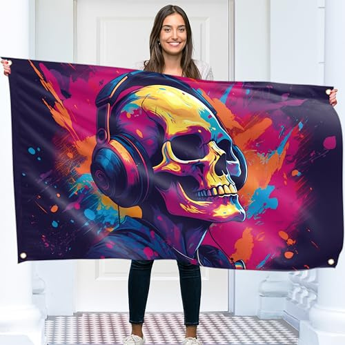Teschio con cuffie bandiera – musica grande bandiera divertente – stampa su entrambi i lati – poliestere 110D – doppia cucitura – 2 occhielli in ottone grande 90 x 150 cm (5 x 3 piedi)