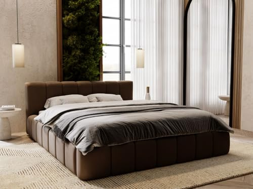 GRAINGOLD Split Bett 180x200, Polsterbett mit Bettkasten, Polsterbett mit Stauraum, Samt, mit Lattenrost, mit Kopfteil, ohne Matratze (Braun, 180x200)