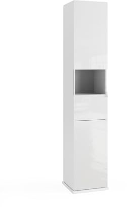 Robas Lund Basic Badezimmer Hochschrank, Modern, 360° Drehbar, 35x185x35 cm, Weiß Hochglanz, mit Spiegel, 2 Türen und Schublade