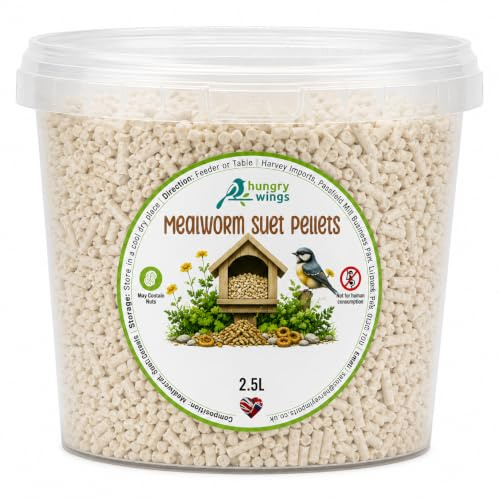 Hungry Wings Premium Suet Pellets Wild Bird Food – 2.5L Tub – High Energy Berry, Insect, Mealworm & Mixed Flavours (2.5L Tub, Mealworm)