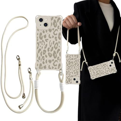 Tedyhulle Handykette für iPhone 13 Hülle mit Band, Necklace Handyhülle, Aesthetic Leopard Muster Dünn Weich TPU Bumper Silikon Case Cover Schutzhülle mit Verstellbarem und Demontage Halskette, Beige