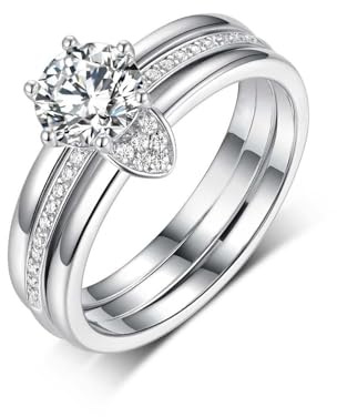Skcess 9K Weißgold Wedding Ring, Ringe Damen 6.5mm Moissanit Weiß 1ct Größe 49 (15.6)
