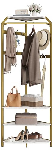 Porte-Manteaux D’angle avec 3 étagères et Banc à Chaussures Portemanteau Autoportant en Métal Doré Porte Manteau avec 12 Crochets Tringle à Vêtements Pour Chambre à Coucher Salon Couloir Entrée