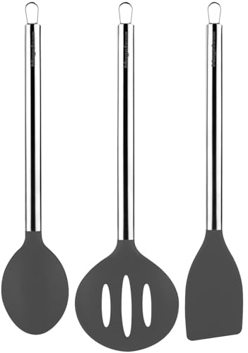 MAGEFESA ONIX Set de 3 Utensilios de Cocina Fabricado en Acero Inoxidable y Silicona, Incluye Espátula, Espumadera y Cucharón, Con Característica Antirayaduras
