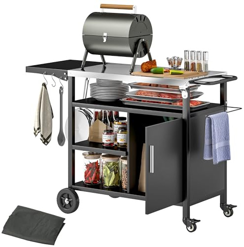 Outsunny Desserte Jardin Chariot de Barbecue avec Plateau en Acier Inoxydable, Tablette Rabattable, Crochets et Housse fournie, desserte extérieur à roulettes 127x51x84cm Noir