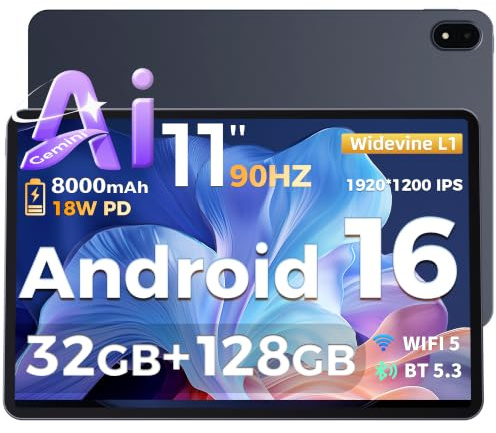 RebotAi Tablet 11 Inch, Android 16 Tablet with Octa-Core Processor, 32GB RAM+128GB ROM/ 1TB TF, 8000mAh Large Tablet 1920 * 1200 IPS, 5+13MP/Gemini AI/Widevine L1, Case Included