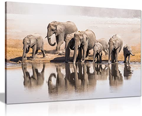 Family Of African Elephants Drinking At A Waterhole Canvas Wall Art Picture Print (24X16)
