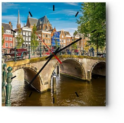 Modern Wanduhr Amsterdam Bögen Architektur Gebäude 40x40cm Quadrat Groß Wand Uhr Glas Analog Zimmeruhren Küche Büro Wohnzimmer Glasuhr Wall Clock Dekoration Design Küchenuhr C3AC40x40-3173