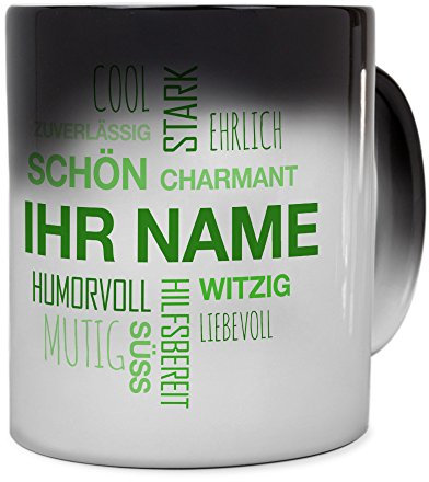 printplanet® Zaubertasse mit Namen personalisiert - Magic Mug - Motiv Positive Eigenschaften (Modern) Grün individuell gestalten - Zauberbecher, magische Kaffeetasse