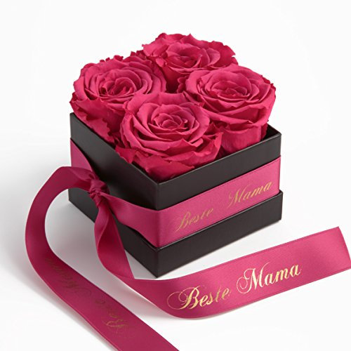 Konservierte Rosen haltbar 3 Jahre in Rosenbox 8,5x8,5cm Geschenkbox Blumen Mama Muttertag (Beste Mama, Pink)