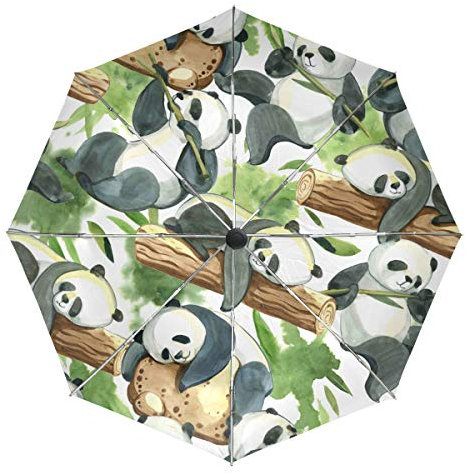 Wamika Watercolor Panda Automatischer Regenschirm Blätter Tier Winddicht Wasserdicht UV-Schutz Reise Regenschirm – 3 Falten Auto Öffnen/Schließen Knopf Sonne & Regen Auto Regenschirm