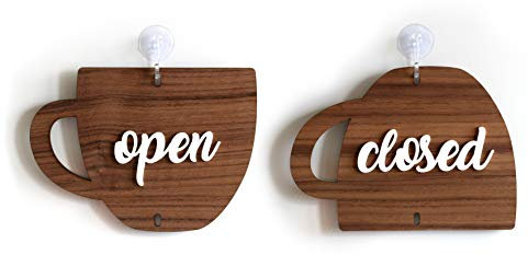 Sign | Abierto Cerrado doble cara cartel [OC01] - Open Closed taza de café - Placa de la puerta colgante de doble cara - Letrero de la tienda comercial reversible