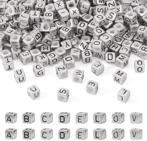 Craftdady 260 Stück würfelförmige Anfangsbuchstaben-Perlen, Acryl, silberfarben, Alphabet-Perlen mit schwarzer Schrift, für DIY-Halsketten, Armbänder, Schmuckherstellung