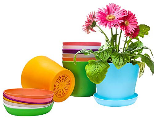 Happybase Kunststoff-Blumentöpfe, 8 Stück, 14 cm, Kunststoff-Pflanzgefäße, Blumentöpfe, Setzlinge, Kinderzimmer, Topf, für den Innenbereich, Samen, Starttöpfe mit Drainage und Untertasse (8 Farben)