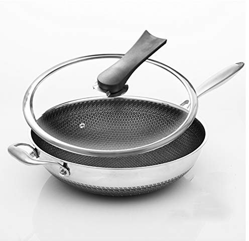 BSTL Wok a Induzione Antiaderente con Coperchio - 38 Cm - Padella per Friggere con Coperchio in Vetro Temperato e Manici Antiscivolo,36CMWithears-B