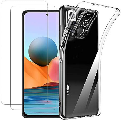 NOVAGO Compatible con Xiaomi Redmi Note 10 Pro – Pack completo – Carcasa resistente transparente + 2 protectores de pantalla de cristal templado (transparente)