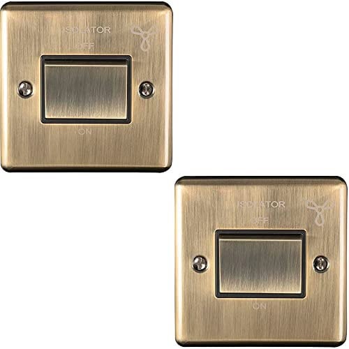 2 PACK | 6A Extractor Fan Isolator Switch –POLISHED ANTIQUE BRASS & Black Trim– 3 Pole Shower Bathroom Decorative Wall Plate & Metal Rocker – On/Off Mains Power Switch For Demisting & Steam