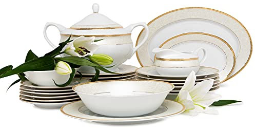 konsimo Geschirr Set Kombi 6 Personen – AGAWA GOLD Teller Set Modern 25 Teilig – Tafelservice - Service & Geschirrsets - Kombiservice 6 Personen - Service Set für Familie - Geschirr Bunt – Essgeschirr