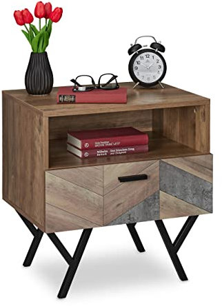 Relaxdays Nachttisch mit Schublade, Industrial Style, Wohn- & Schlafzimmer Beistelltisch, HxBxT: 53 x 50 x 42 cm, braun