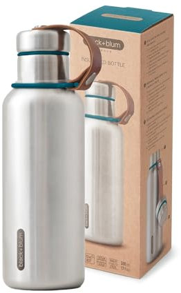 BLACK+BLUM - Water Bottle - Stainless Steel Thermal Insulated Leak Proof Travel Thermo Flask with Wide Spout and Stylish Vegan Leather Carry Loop - Keeps Hot for 12 hrs, Cold for 24 hrs, Ocean - 500ml