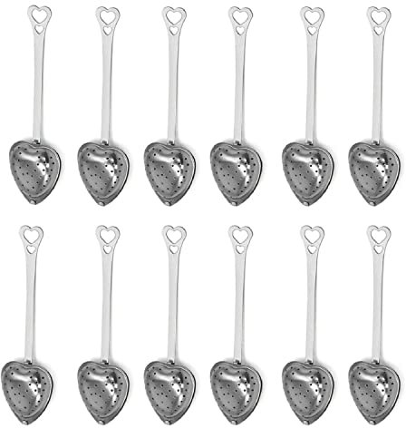 MIAO JIN 12Pcs Stainless Steel Tea Infuser Mesh Heart Shaped Tea Strainer Spoon Sugar Flour Sifters Filters Tea Interval Diffuser for Loose Leaf, Spices, Seasonings