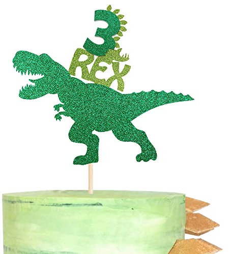 SYKYCTCY 1 Pack Dinosaur 3rd Rex Happy Birthday Cake Topper Glitter T-Rex Third Cake Pick Baby Shower 3rd Birthday Dinosaur Theme Party Cake Decorations Supplies Green