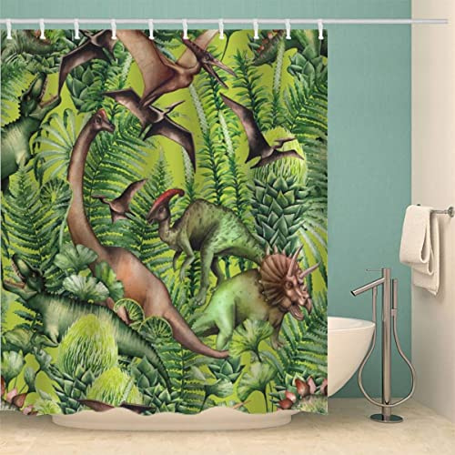 MOXINO Dinosaurier Duschvorhang Anti-Schimmel 180x200 cm Polyester Stoff Textil Waschbar Badvorhang 3D Dschungel Dino Motiv Design Shower Curtain Wasserdicht Badezimmer Vorhänge mit 12 Haken