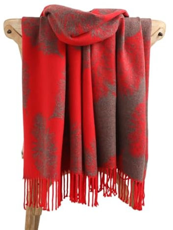 WLLDDDIU Schal Damen, Winterschals Rot Weicher Warmer Schal Dicke Decke Federstickerei Quaste Kaschmir-Feeling-Schal Langer Großer Winterschal Trendige Stola-Schals Für Frauen Mädchen