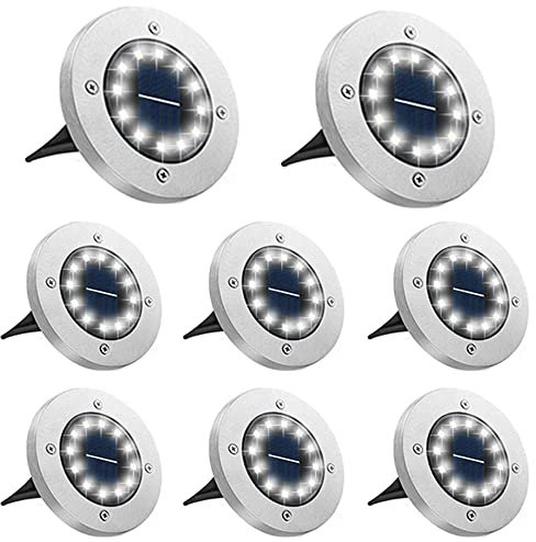 Bowfar 8 Stück Solar Bodenleuchten Aussen, Solarleuchten Garten mit 12 LEDs für Außen, 3000K Kaltweiß Wasserdicht Led Solar Gartenleuchten, Solarlampen für Rasen Auffahrt Gehweg Patio Garden