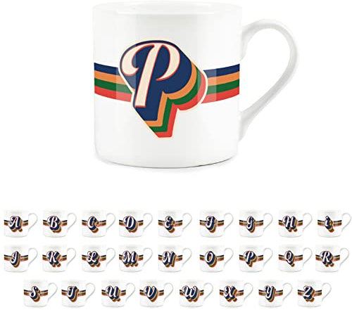 Purely Home Retro Alphabet Letter P Mug - Bone China White Coffee Tea Present Personalised Initial Gift
