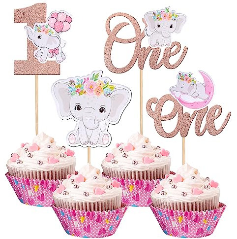 SYKYCTCY 24 Pack Elephant One Cupcake Topper Elephant Aniaml Happy 1st Birthday Cupcke Cupcake Picks for Elephant Kids Boy Girl Baby Shower First Birthday Party Supplies Cake Decorations Supplies