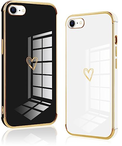 Vauki [2 Packs Coque pour iPhone 8/iPhone SE 2020/iPhone 7/SE 2022, Silicone Antichoc Housse, Étui avec Motif Coeur et Bordure Dorée pour iPhone 8, Noir et Blanc