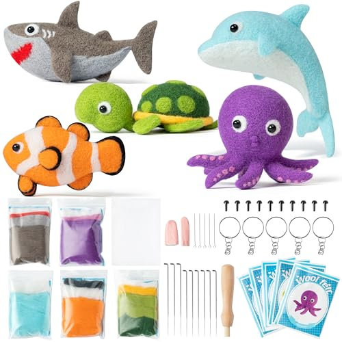 WATINC 25Pcs Sea Animal Needle Felting Starter Kit DIY Needlework Craft Felting Tools Felt Needles Foam Mat Sharks Dolphins Tortoise Octopus NOH Doll Wool Party Supplies for Beginners Adults Kids