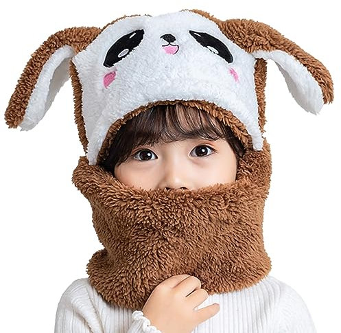 MK MATT KEELY Kinder Winter Mütze Junge Mädchen 2 in 1 Warme Cartoon Kaninchen Schal Ohrenklappe Ski Mütze Set,Braun,5-8 Jahre