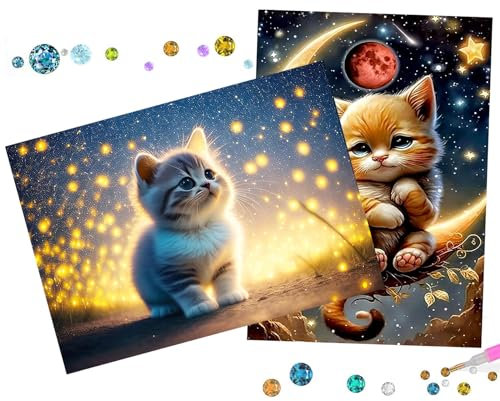 Diamond Painting 2 Stück Katzen, 5D Erwachsene Kinder, DIY Voller Runder Diamant Einhorn Bilder, Home Wand Décor Crystal Art Craft Kits 25x35cm