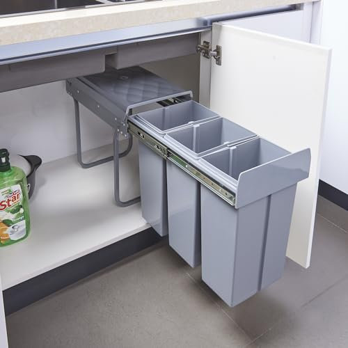 [en.casa] Einbaumülleimer Froland Mülleimer 3 Fächer Mülltrennsystem ausziehbar Abfalleimer Küche 3x10L herausnehmbare Behälter 48 x 26 x 42 cm Küchenmülleimer Grau