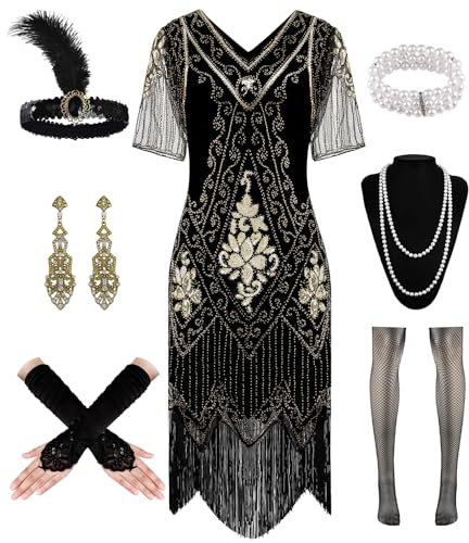 WILDPARTY 20er Jahre Kleid Roaring 20s Charleston Kleid, Flapper mit Dünn Ärmel Pailletten Perlen Fransen, Cocktailkleid 20er Jahre Accessoires, Vintage Mafia Kostüm Damen Fasching Karneval