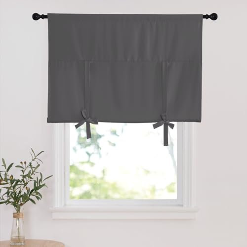 PONY DANCE Thermal Insulated Blackout Short Curtain - Bathroom Curtain Gray Tie Up Shade for Small Window, Window Valance Balloon Roman Blind (Rod Pocket Panel, 34 Inches W x 45 Inches L)