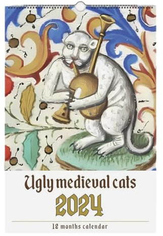 Linsition Ugly Medieval Cats Calendar 2024, Planerkalender Mit Seltsamer Katze Zum Aufhängen Lustige Mittelalterliche Katzengemälde Wandkalender