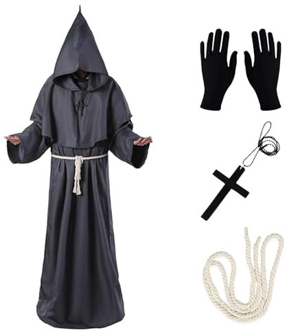 AOMAIGAD Mönch Robe Kostüm,Priester Robe Kostüm,Mönch Priester Gewand,Herren Kapuze Mönch Robe Priester Kostüm, mit Kreuz-Halskette,Handschuhe,Gürtel,Halloween,Karneval und Rollenspiel Kostüme