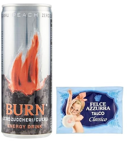 24er-Pack Burn Energy Drink Peach,Erfrischender alkoholfreier Energiegetränk mit Pfirsich Geschmack Ohne Zucker,250ml Einwegdose + 1er-Pack Kostenlos Felce Azzurra Talkumpuder, 100g-Beutel