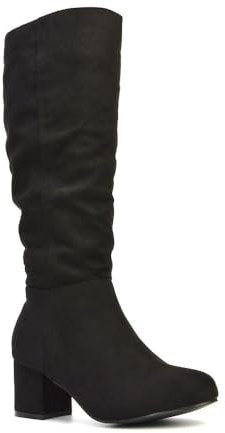 ESSEX GLAM Womens Mid Calf Boots Ladies Rouched Block Low Heel Slouchy Black Faux Suede Shoes Size 4