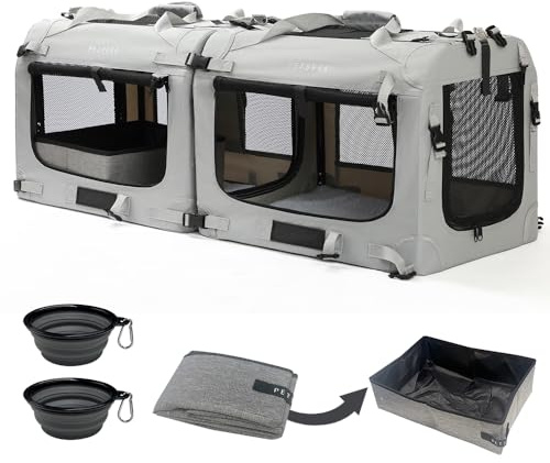 Petseek Extra Large Cat Carrier Soft Sided, Portable Small Dog Carrier for 2 Cats, 24x16.5x16 Car Travel Folding Comfortable Design with Litter Box and Bowls, Grey-2+ Litter Box+ Bowl*2