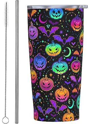 Gambo Goth Halloween Totenkopf Kürbis und Fledermaus Becher mit Deckel und Strohhalm, 590 ml, Edelstahl, vakuumisoliert, wiederverwendbar, Kaffeetassen, Reisebecher