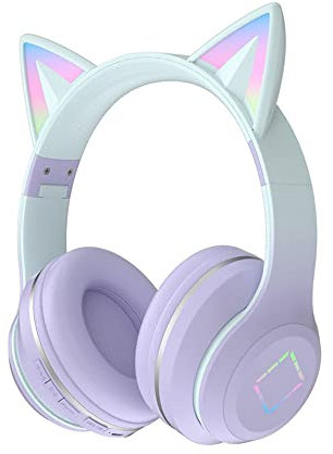 Usoun Kids Headphones,Cat Ear Led Light Bluetooth Kids Headphones with Mic,Girls Headphone Wireless,TF Card,3.5mm Audio,Wireless/Wired Foldable Kid On Ear Headphone for Boys Girls Adults (Purple)