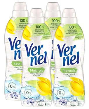 VERNEL Naturals veganer Weichspüler Ylang Ylang & Süßgras 4x 37 WL (148 Waschladungen), Wäscheduft mit 99% Inhaltsstoffen natürlichen Ursprungs, ohne Mikroplastik, recycelbar