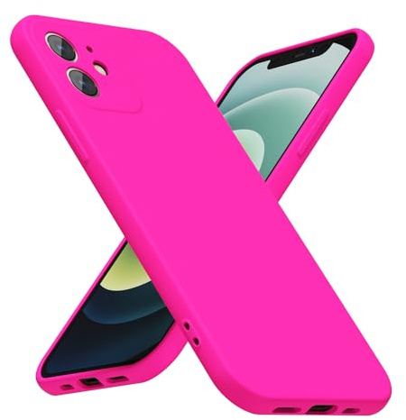 LoeoeL for iPhone 12 Phone Case Silicone, Fluorescent Neon Hot Pink Bright Color Matte TPU, Minimalist Ultra Thin Slim Soft Rubber Gel Girly Cute Case for Women Men, Camera Cover Protection